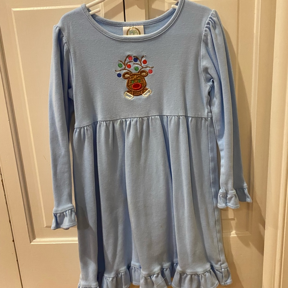 Precious light blue reindeer cotton dress. 8. Christmas. Ruffle / Bell sleeves